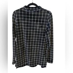 Black & White CabinCore Windowpane Mock Neck Top – Women’s Medium (10–12) Cozy